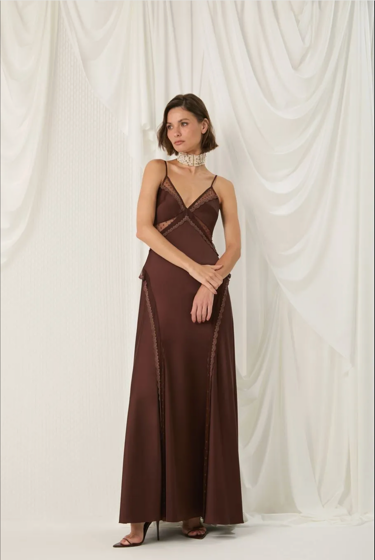 Brown satin slip dress cut-outs