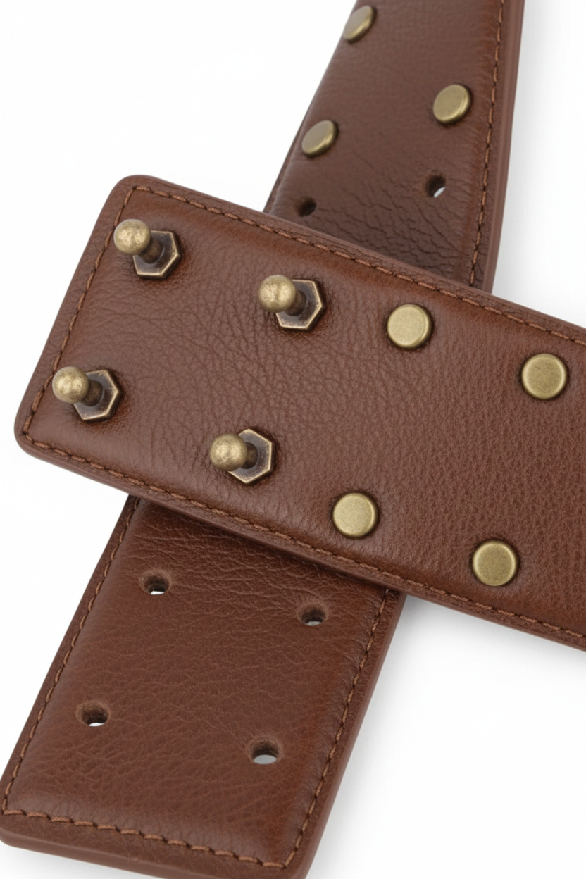 A close-up of a brown textured leather belt with brass studs and rivets, arranged in a cross pattern on a white background.