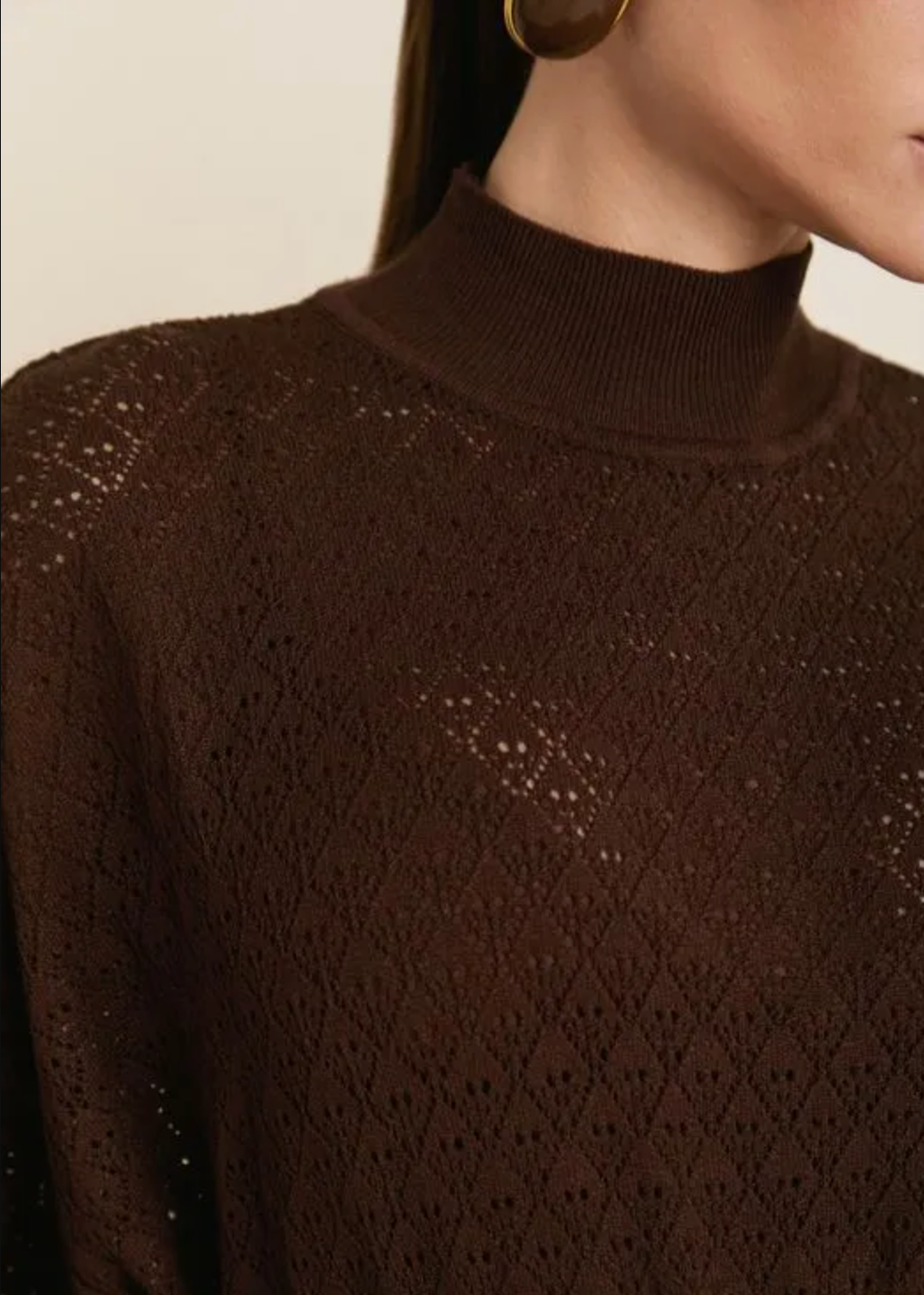 Close-up of a model wearing a dark brown textured knit mock neck top with a diamond lace pattern.