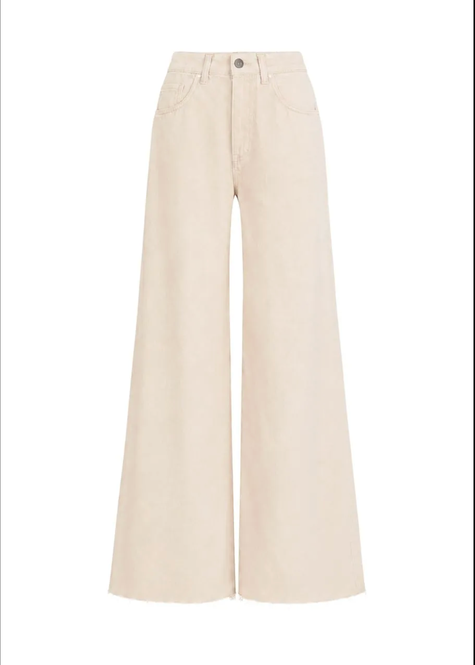 A pair of high-waisted, wide-leg jeans in a light cream or off-white color, shown flat against a solid white background.