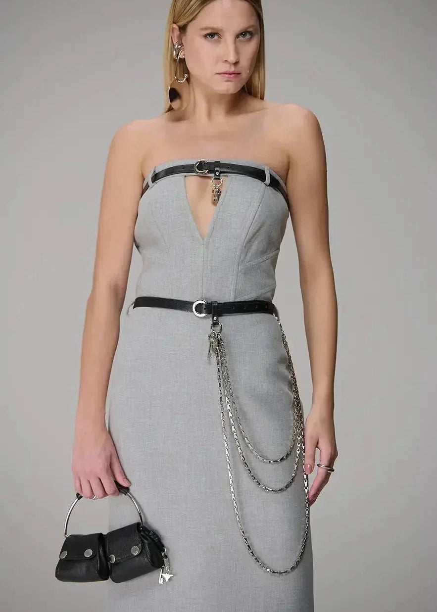 Strapless Dress with Leather Belt Loops