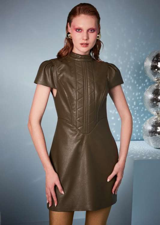 Vegan leather mini dress army green. Available at Frida Brazilian Boutique