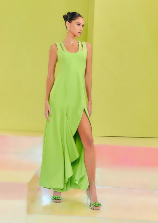 Lime long dres with cascading slit that provides differentiated fit of the skirt.