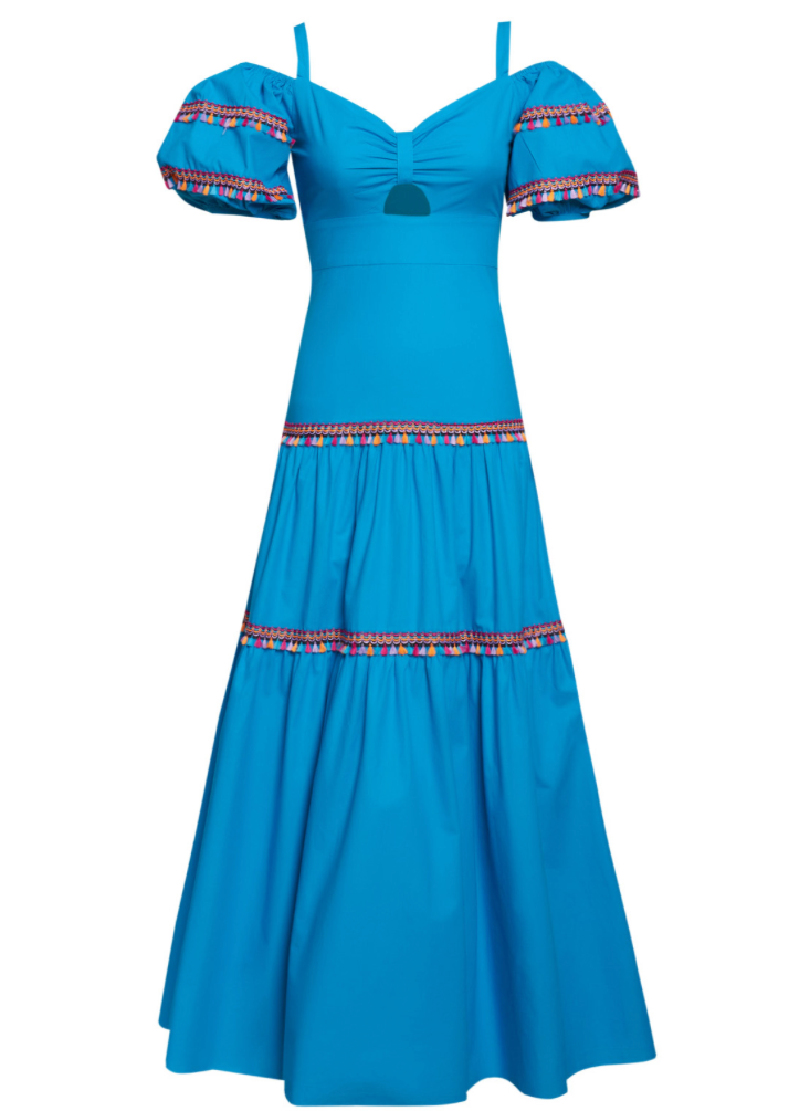 Turquoise long dress, with puff sleeves and embroidred colorful details. Available at Frida Brazilian Boutique.